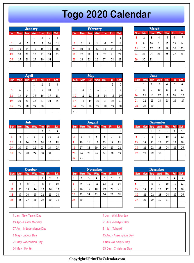 Togo Printable Calendar 2020